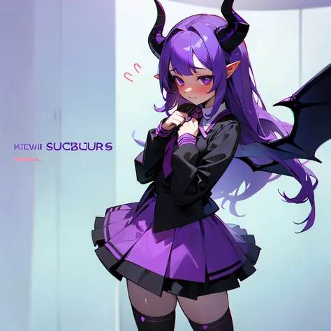 Young succubus. Mini skirt. Horns. No wings. Shy. Blush. Teenage. Purple hair