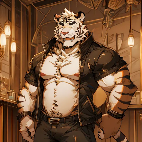 alone, looking at viewer, short hair, shirt, navel, animal ears, nipples, jacket, tail, male focus, open clothing, belt, pants, stomach, pubic hair, open shirt, muscular, black pants, abs, undressing, pecs, muscular male, male pubic hair, bara, colored scl...
