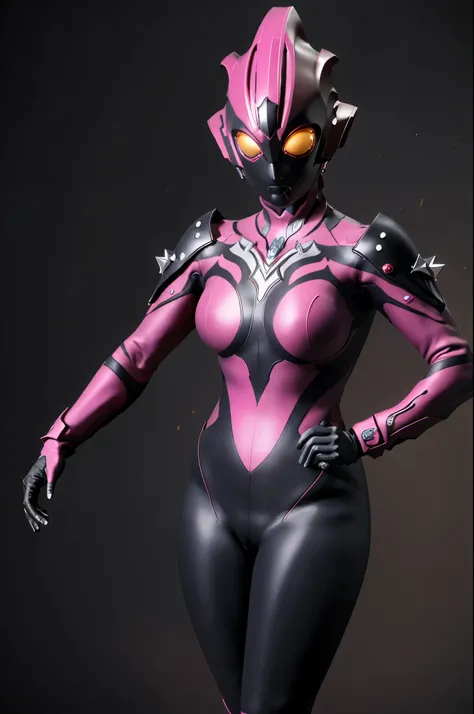 Ultraman Woman. （high quality）（luster）（Black and Pink thema color）（Black helmet. Black mask）women only. The whole body is covered with a black bodysuit. Spike decoration. Pink lines all over the body. pink glow crystal. sharp pink nail. dark background. Ca...