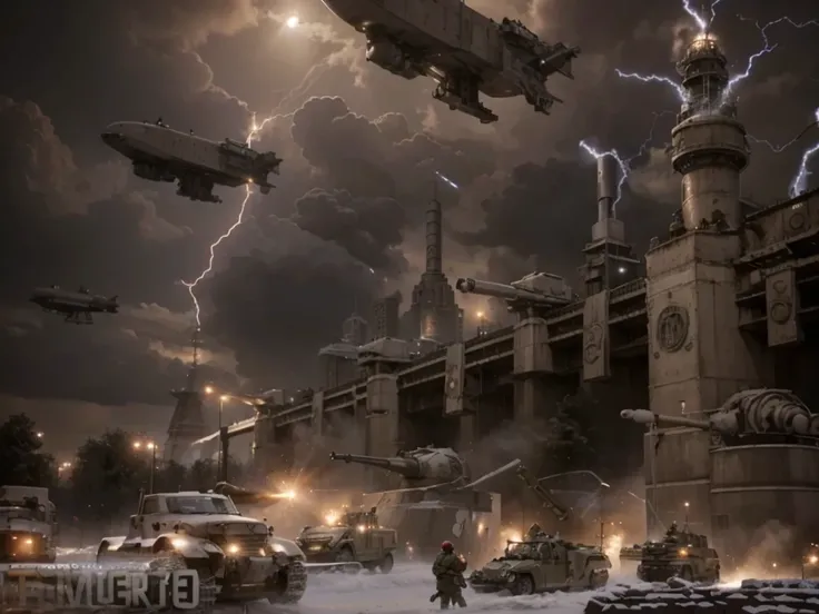 gigantic, kilometrics, imponent very high concrete defensive walls modern towers with anti-aircraft tower, defensive Tesla coils, Soviet soldiers standing guard, guard towers with guard light, trenches, Soviet style military vehicles, gray winter skies, 4k...