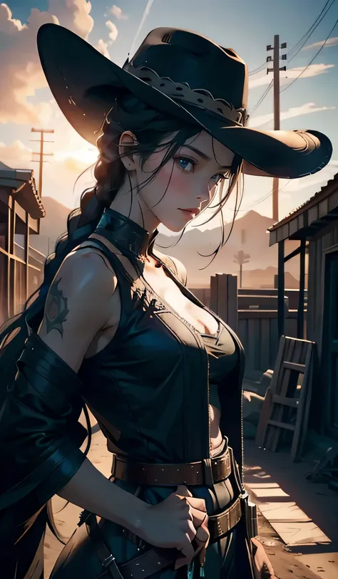 "A badass monstergirl woman gunslinger, (bold and fearless), wielding (powerful:1.1) guns in her hands, stands tall in a desolate western town. (Eyes: intense and piercing), she gazes down the sights of her weapon, (sharp focus:1.1) on her target. Her face...