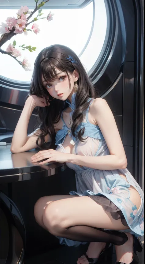 A woman wearing a light blue knee-length floral summer dress, elegant, Cute face, Flat Heel Shoes, 17 years old, Adult face, Slightly wavy hair, ((Black Hair)) Shine, bright black eyes, Slim frame, Increased breast size, Long legs, Soft pink lips, Black Ha...