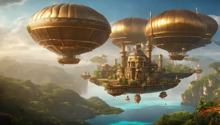 Many islands are suspended in the air with many small airships flying around, cities, fantasy, magical plants growing, extreme details, realistic light, epic composition, (complex details), (complex design, ultra-details :1.2), Art Station, (Masterpiece, B...