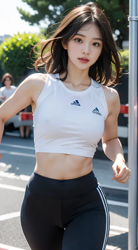 (best quality,16K,highest resolution,table top:1.2),very detailed,(realistic,realistic,realistic:1.37), athletic runner, Beautiful school girl, medium bob hair, nice light brown hair, shining bright brown eyes, Attractive figure, track and field, belly but...