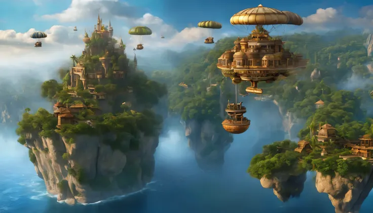 Many islands are suspended in the air with many small airships flying around, cities, fantasy, magical plants growing, extreme details, realistic light, epic composition, (complex details), (complex design, ultra-details :1.2), Art Station, (Masterpiece, B...