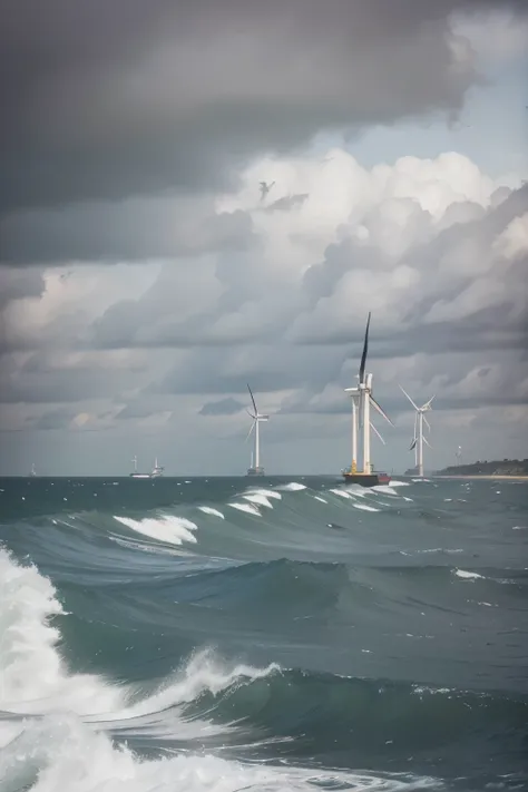 Images of the rough sea and several wind energy propellers moving by the strong wind.