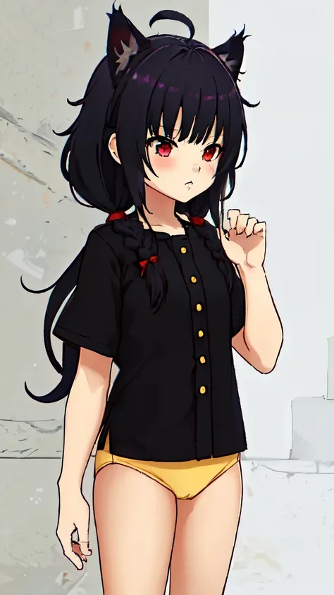 1 chica ,long hair slightly wavy slightly past the shoulders, black bangs, small black pigtails on the sides, cute cat ears, beautiful thin red eyes, caminando bajo un puente en un campo de hierba y tierra, Seis, yellow Lluviacoat, descalzo, cara cubierta ...