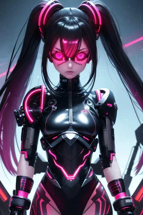 Anime girl cyber terrorist, 3D styled, ultradetailed anime design, cyber goggles, neon lights reflecting on wet hair, black hacking uniform, red accent colors, flowing ponytail, piercing gaze, intricate cyber tattoos, futuristic cybernetic implants, high-t...