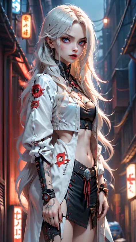 score_9, score_8_up, score_7_up, score_6_up, rating_explicit, 1girl, ((18YO:1.2)), Adult, full lips, big clear eyes, light blue eyes, ((blond hair:1)), (long wavy hair: 1.2),Photo of a white-haired samurai in a jacket standing in the middle of a neon stree...