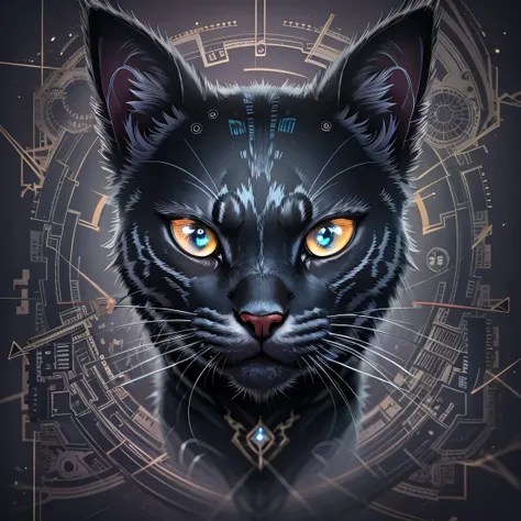 There is a black cat with a white marking on its face., Cat Details, Cat Design, Cat from the void, cat head, Cyberpunk Cat, cat illustration, alex grey cat, With symmetrical head and eyes, devil cat, Metal cat ears and glowing eyes, cyborg cat, Anthropomo...