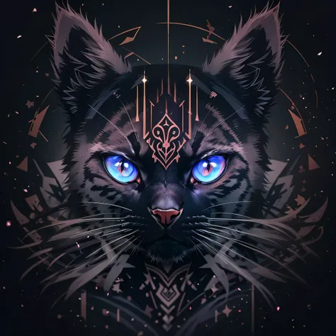 There is a black cat with a white marking on its face., vector art inspired by Petros Afshar, Shutterstock Contest Winner, generativeart, Cat Details, Cat Design, Cat from the void, cat head, Cyberpunk Cat, cat illustration, alex grey cat, With symmetrical...