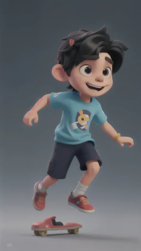 Give me a boy，Skateboarding，Black hair，jump，Holding something，Casual Clothing，happy，running，Warm color matching，3D rendering by Yang Borun, behance, Fantasy Art, Behance HD, Art Station HD, Render in Maya