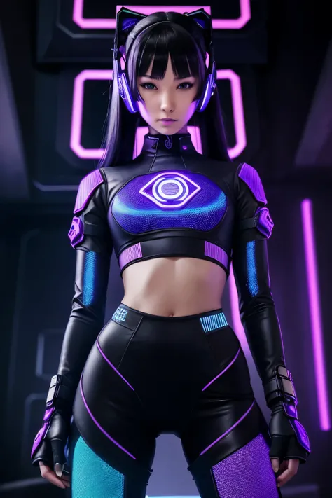 Anime girl in cyber terrorist outfit, age: 21, Solo, Long, sleek black hair with neon blue highlights, piercing violet eyes, pointed chin, sharp jawline, intricately detailed cyber tattoos covering her arms and torso, exposed midriff, high-waisted cyber pa...