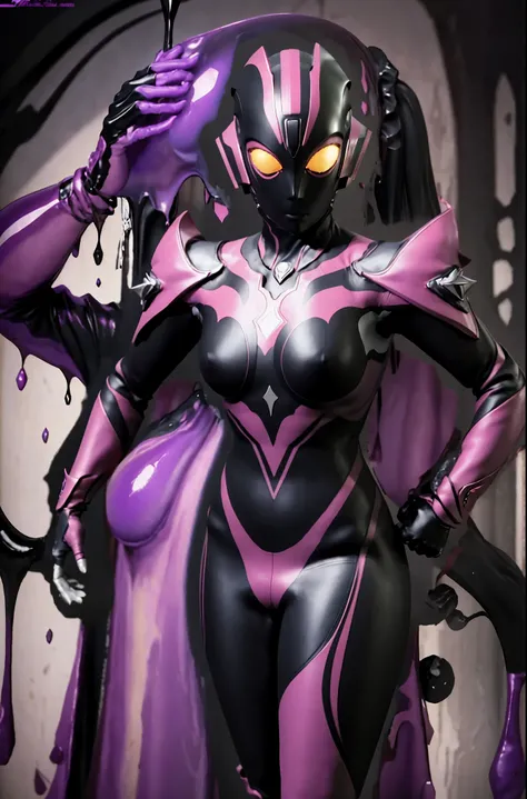 Ultraman Woman. （high quality）（luster）（Black and Pink thema color）（Black helmet. Black mask）women only. The whole body is covered with a black bodysuit. Spike decoration. Pink lines all over the body. purple coloreye. pink glow crystal. pink sharp claw. da...