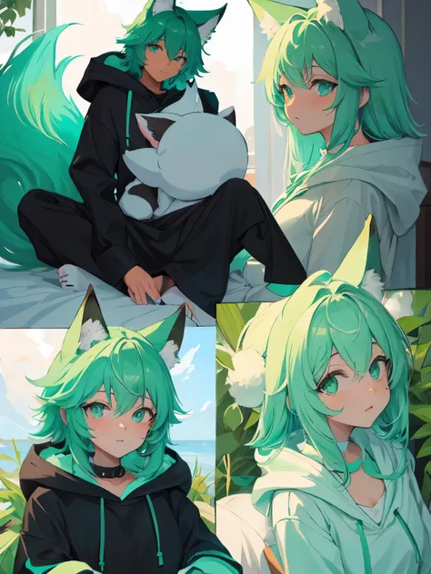 masterpiece, alone, furry, kemono, shaggy fox, personification, black fur, dark skin, mint green eyes, mint green hoodie, femboy...