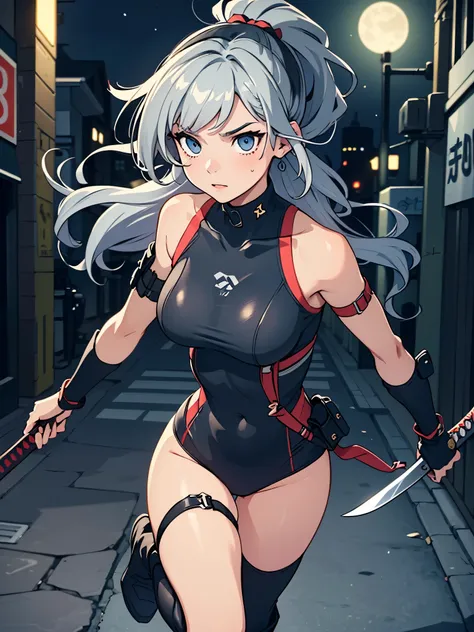 masterpiece, best quality, 1girl, grey hair, shoulder length hair, wavy hair, black hairband, auburn eyes, beautiful detailed eyes, beautiful detailed face, cute face, stoic, professional, ninja, black leotard, black tactical gloves, bare legs, gold bracel...