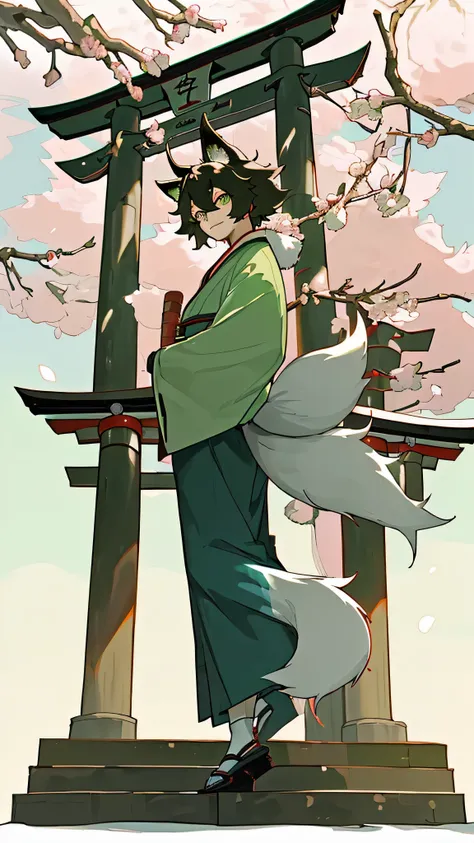 masterpiece,alone,one boy,youth,Furry,kemono,Shaggy fox,big tail,fluffy,personification,black fur,Mint green eyes,Stinking eyes,shrine,Large torii gate,Cherry tree,spring,Shrine maiden&#39;s kimono,Miko costume,Blue clothes,colorful