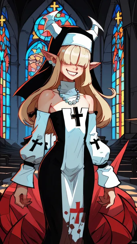 Fraction_9,Fraction_8_Direction_7_up,
nun,Pointed ears,Devil Horns,hair covering eyes,Blonde and flat chested,Smile,teeth,Long hair,Hips,
Bare shoulders,White off-shoulder dress,Pearl ear-rings,Wrist sleeves,wristband,Neck collar,Cross necklace,
church,hel...