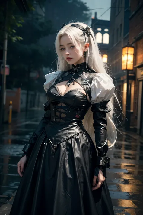 Amber Heard,white hair,My hair is very long.,wear a dress ((Hi-tech Gothic Lolita outfit)),((cybernetic body)),She is at a gothic castle.,In the future world,amazing night,sci fi,city at night, realistic skin, incredible light, ultra realistic,complicated,...