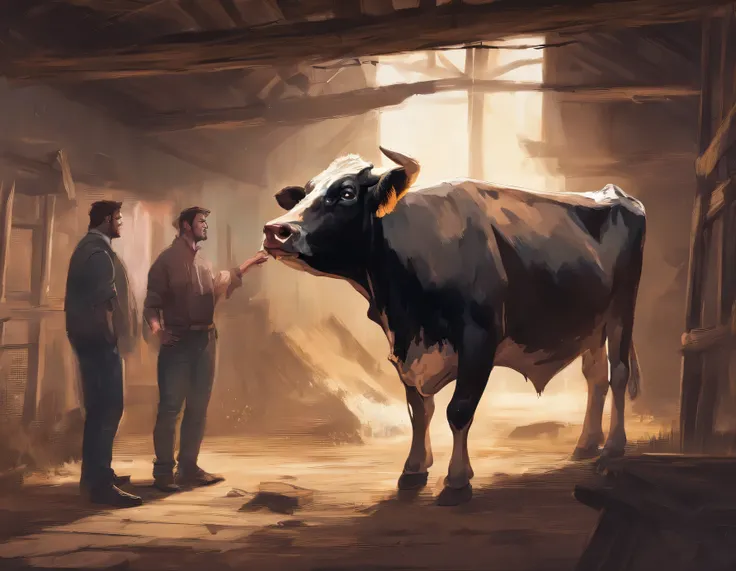 two people arguing and shouting, looking at each other in an old stable, seeing a cow that looks like an old bull, perspective close up of the screen