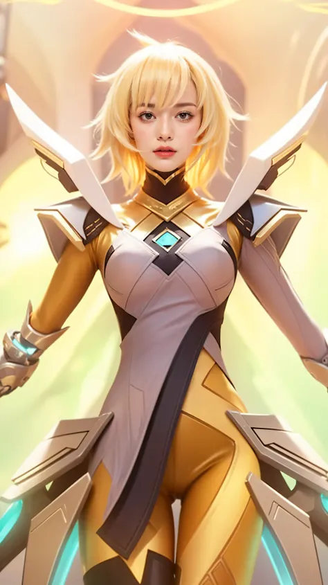 a close up of a woman in a yellow and black outfit, holy paladin, mercy ( overwatch ), gold paladin, dressed in light armor, paladin, mercy from overwatch game (2016), lux, riven, ashe, kda, zenra taliyah, paladin!, ! dream artgerm, gorgeous female paladin...