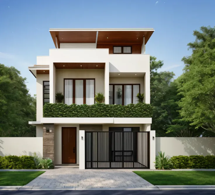 Exterior of house, mordern material decorations, (canopy in front of house:1.4), (a road in front of house:1.3), tree, sky, cloud, morning weather.
