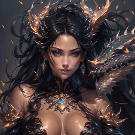 (best quality,4k,8k,highres,masterpiece:1.2, portrait), ultra-detailed, realistic, naked sexy dragon woman with glittering obsidian scales, skin is glittering obsidian black scales, long flowing black hair with amber highlights, very playful but mischievou...