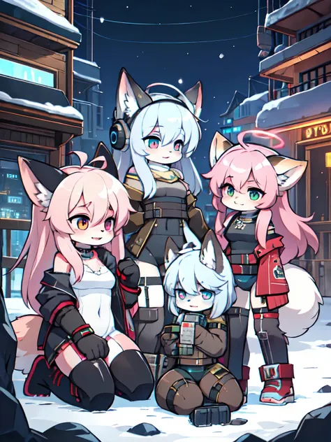 Kawaii, Pink striped Fluffy Fox, , emaciated, Pink long hair, left eye is red, right eye is blue, heterochromia, 3girls, in the night deserted city with snowing with ruin, artificial synthetic skin, life support prosthetics, biological prosthetic legs, dig...