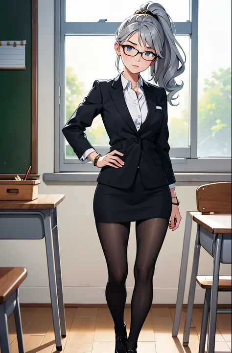 masterpiece, best quality, solo, solo focus, 1girl, grey hair, ponytail, shoulder length hair, wavy hair, black hairband, auburn eyes, beautiful detailed eyes, beautiful detailed face, cute face, stoic, professional, teacher, black suit, glasses, black ski...