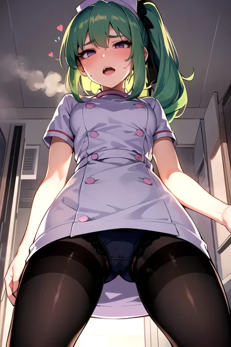 {{best quality}}, {{very aesthetic}}, {{ultra-detailed}}, {{best illustration}}, woman,green hair,long ponytail,pink eye,pov,orgasm face,((steam)),1woman,1girl,lace panties,(under black pantyhose),white nurse,from below,hospital