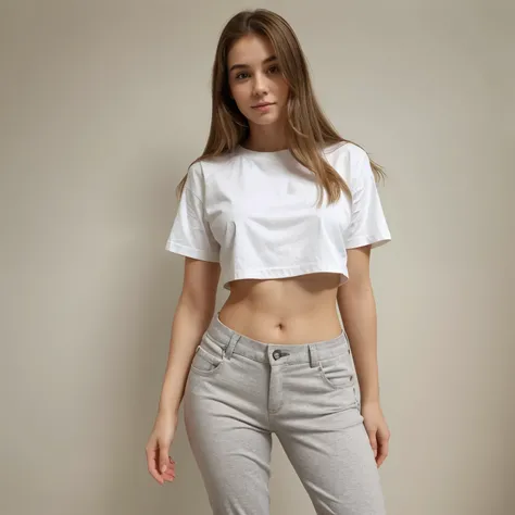 Create a young white woman with an attractive and healthy body, standing and in normal clothes, jovem como algo entre 17 a 20 anos, 100% dressed in pants and shirt