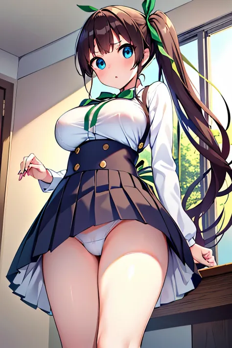 Best Quality, masutepiece, Portrait, , 1girl in, minato, brown hair, Long hair, side ponytail, green ribbon, (big eyes:1.2), blue eyes, , Pleated skirt, crass room, Looking at Viewer,  from below, a miniskirt, white panties, (big breasts:1.2), 