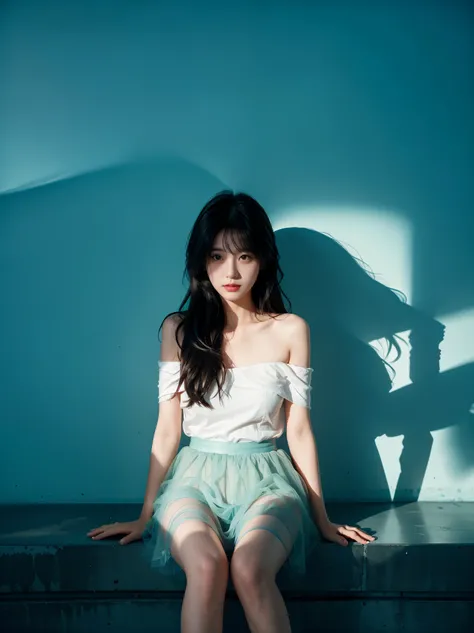 environmental optics,color,Clear light and dark,Sunlight,The light path is visible,girl,Long hair,Light and Shadow,Face shadows,High contrast,Cool colors,Off-shoulder,Bare legs,No backrest,petal,Ocean,tulle skirt,soft water(Low calcium carbonate content,Oc...