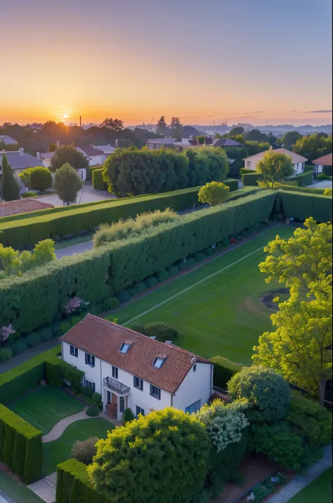 a bird，sunset，plane trees，a house，vegetable garden，rural