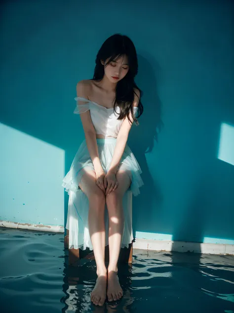 environmental optics,color,Clear light and dark,Sunlight,The light path is visible,girl,Long hair,Light and Shadow,Face shadows,High contrast,Cool colors,Off-shoulder,Bare legs,No backrest,petal,Ocean,tulle skirt,soft water(Low calcium carbonate content,Oc...