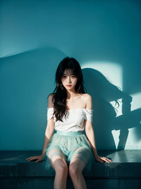 environmental optics,color,Clear light and dark,Sunlight,The light path is visible,girl,Long hair,Light and Shadow,Face shadows,High contrast,Cool colors,Off-shoulder,Bare legs,No backrest,petal,Ocean,tulle skirt,soft water(Low calcium carbonate content,Oc...