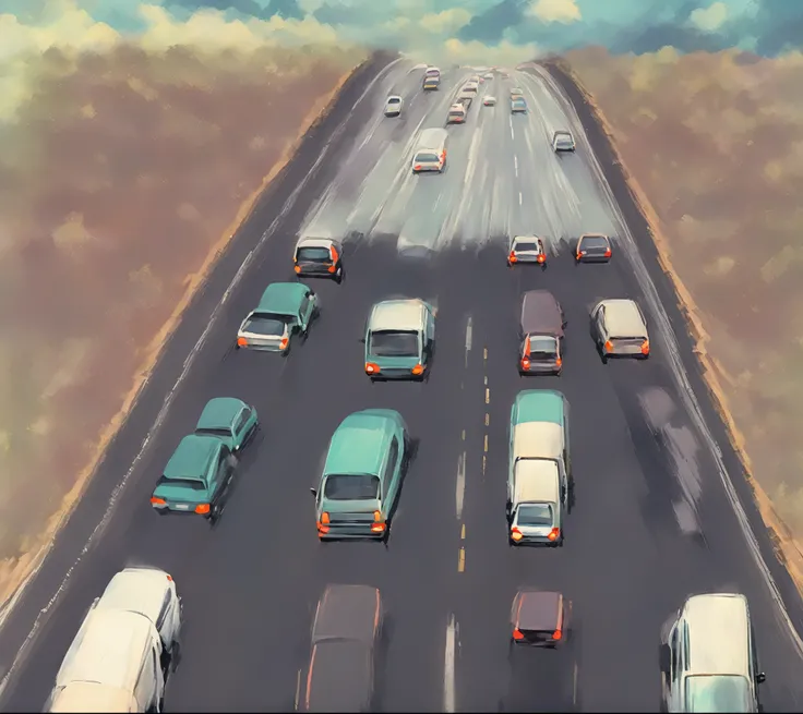 there are many cars on the road going down the hill, cars on the road, car traffic, artwork about a road to , desert highway, traffic, traffic in background, heavy traffic, highway, color highway, cars, blurred and dreamy illustration, blurry and dreamy il...