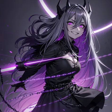 1 girl, wallpaper, whole picture, grey wall background, dark picture, ruined wall background, asymmetric hair, grey hair, multicolored hair, long hair, psycho smile, evil_smile, dark purple eyes, view from the side, looking at viewer, long chain shackles, ...