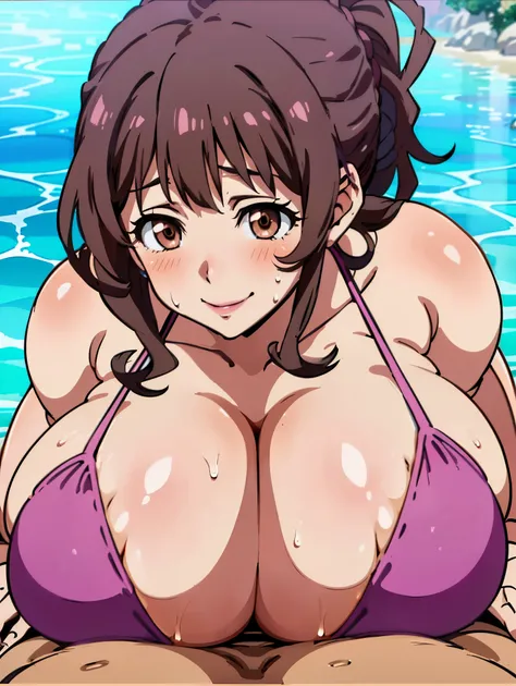 (breast press,from above:1.2),anime,anime style,high resolution、high quality、masterpiece、4k,8k,POV,(torino_kazami,mature female,(gigantic breasts:1.2),(plump:1.1),brown hair,brown eyes,updo,lipsticks,wide hips,thick thights),(pink bikini:1.4),bikini gap,(h...