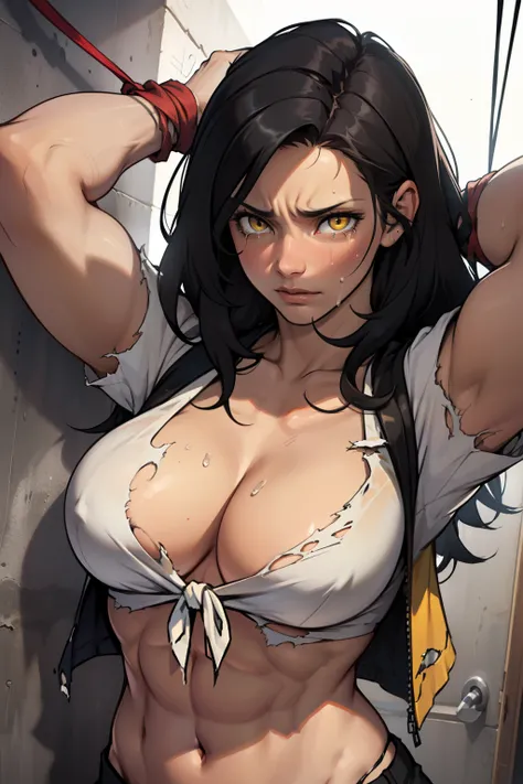 a tied up woman with torn clothes whos crying black hair yellow eyes muscular girl large breasts