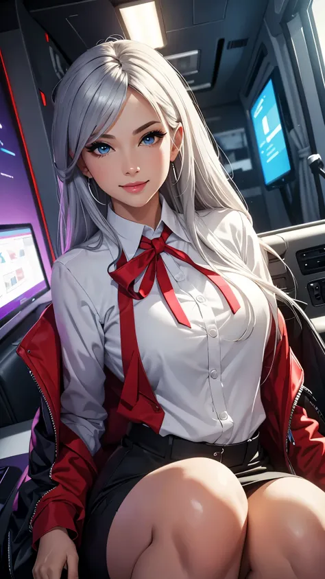 (best quality,ultra-detailed,photo-realistic:1.37),bright and vibrant colors,studio lighting,playful expression,stylish makeup,business Jacket,Silver hair flowing in the wind,alluring eyes,glossy lips,sexy pose, smiling in a confident and seductive way,pos...