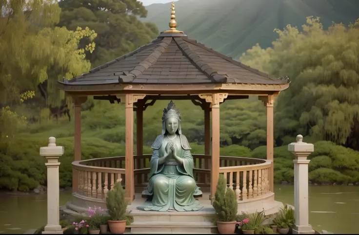 there is a statue of a woman in a gazebo, health spa and meditation center, Guanyin, Guanyin of the southern seas, Buda, mystical scenery, wooden statue, hobbit monastery in Hawaii, the Buda, Imagem bonita, foto de retrato, gazebos, budista, sereno, sereno...