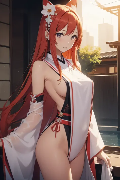 1 woman, orihime inoue, ((detailed eyes:1.2)), wearing transparent miko outfit, nsfw, sexy, sensual, sleeveless, sideboob, masterpiece, top quality, best quality, official art, beautiful and aesthetic:1.2), extreme detailed, colorful, highest detailed