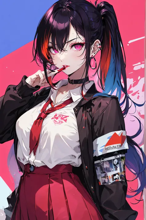 hair above one eye, Purple eyes, Clear Eyes, choker, Neon Shirt, torn legwear, Open jacket blue pubic hair in eye,Bright red background、Red Background, graffiti, Shineing grafiti, Shineing tattoos, Shine, Neon Light, Black light,Anime Style, movie portrait...