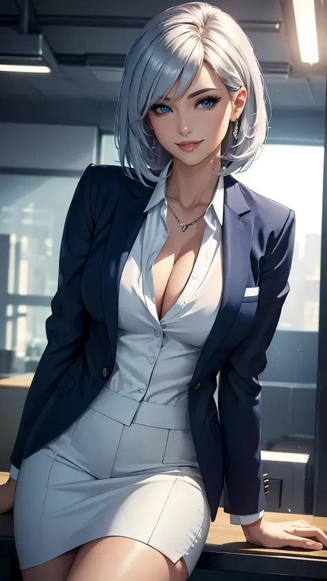 (best quality,ultra-detailed,photo-realistic:1.37),bright and vibrant colors,studio lighting,playful expression,stylish makeup,business Jacket,Silver hair flowing in the wind,alluring eyes,glossy lips,sexy pose, smiling in a confident and seductive way,pos...