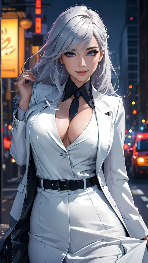 (best quality,ultra-detailed,photo-realistic:1.37),bright and vibrant colors,studio lighting,playful expression,stylish makeup,business Jacket,Silver hair flowing in the wind,alluring eyes,glossy lips,sexy pose, smiling in a confident and seductive way,pos...