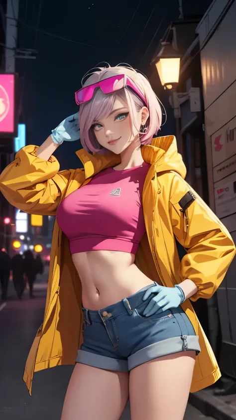 (highly quality, masterpiece, detailed), night city detailed scenario, night city detailed background, solo, jubilee, pink crop ...