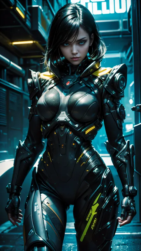 (yellow cyberpunk speed tactical suit: 1) (1 woman) dark theme :: focusing on a close-up face, a serious expression is etched on...