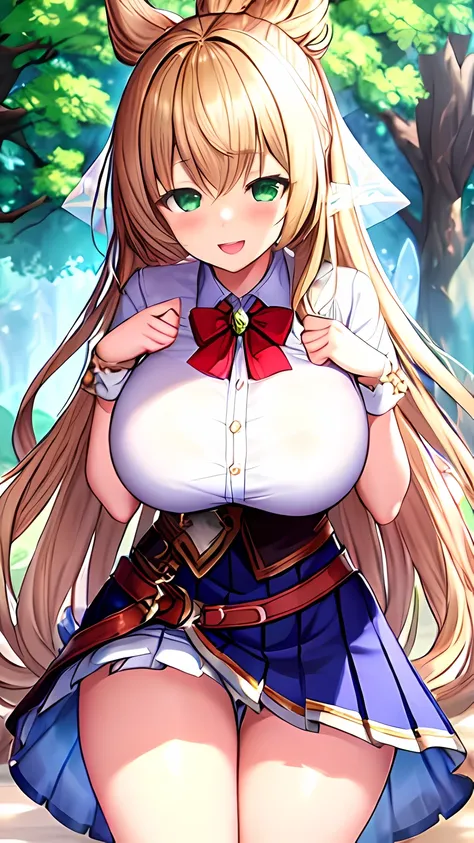 Arisa(shadowverse), Beautiful teenager, masterpiece, highest quality, intricate and detailed eyes, Fairy, long dirty blonde, Green Eyes, Huge breasts, ribbon, , White shirt, Pleated skirt, thigh, smile, blush, Open your mouth, forest