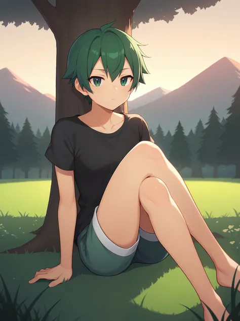 score_9,score_8_up,score_7_up, BREAK, 1 girl, solo, kino, kino no tabi, kinos journey, shorts, black top, expressionless, bored, dull, sitting, outdoors, legs crossed, grass, forest, closeup, tomboy, face focus, face closeup, sunset, evening  (time), eveni...